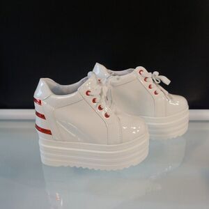 Womens Platform Sneakers Lace Up Shoes Size 38 White Red Stripes
